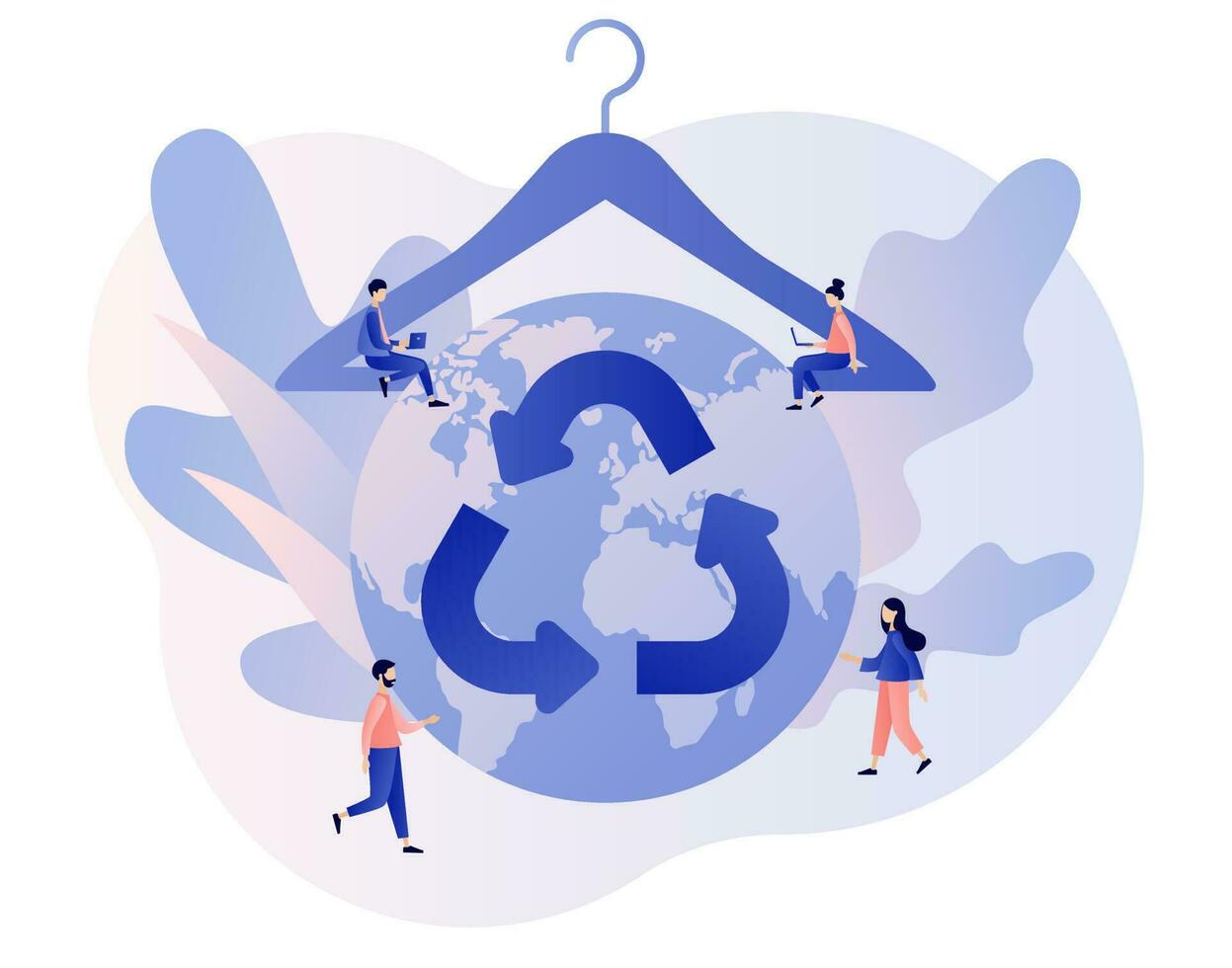 Slow fashion concept. Earth planet and clothes hanger. Sustainable fashion. Reuse, reduce, recycle. Eco-friendly manufacturing. Modern flat cartoon style. Vector illustration on white background