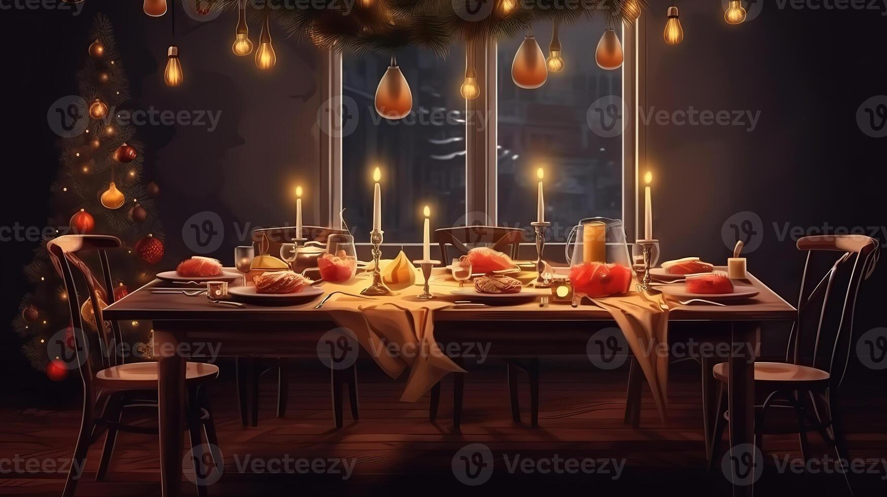 Christmas eve dinner with decorated table and hanging Xmas tree branches. photo
