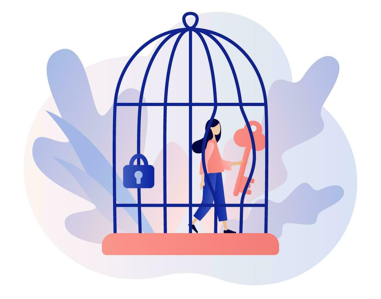 Freedom concept. Tiny woman step out of cage. Comfort zone metaphor. Inner prison. Personal development. Mind prison psychological. Modern flat cartoon style. Vector illustration on white background