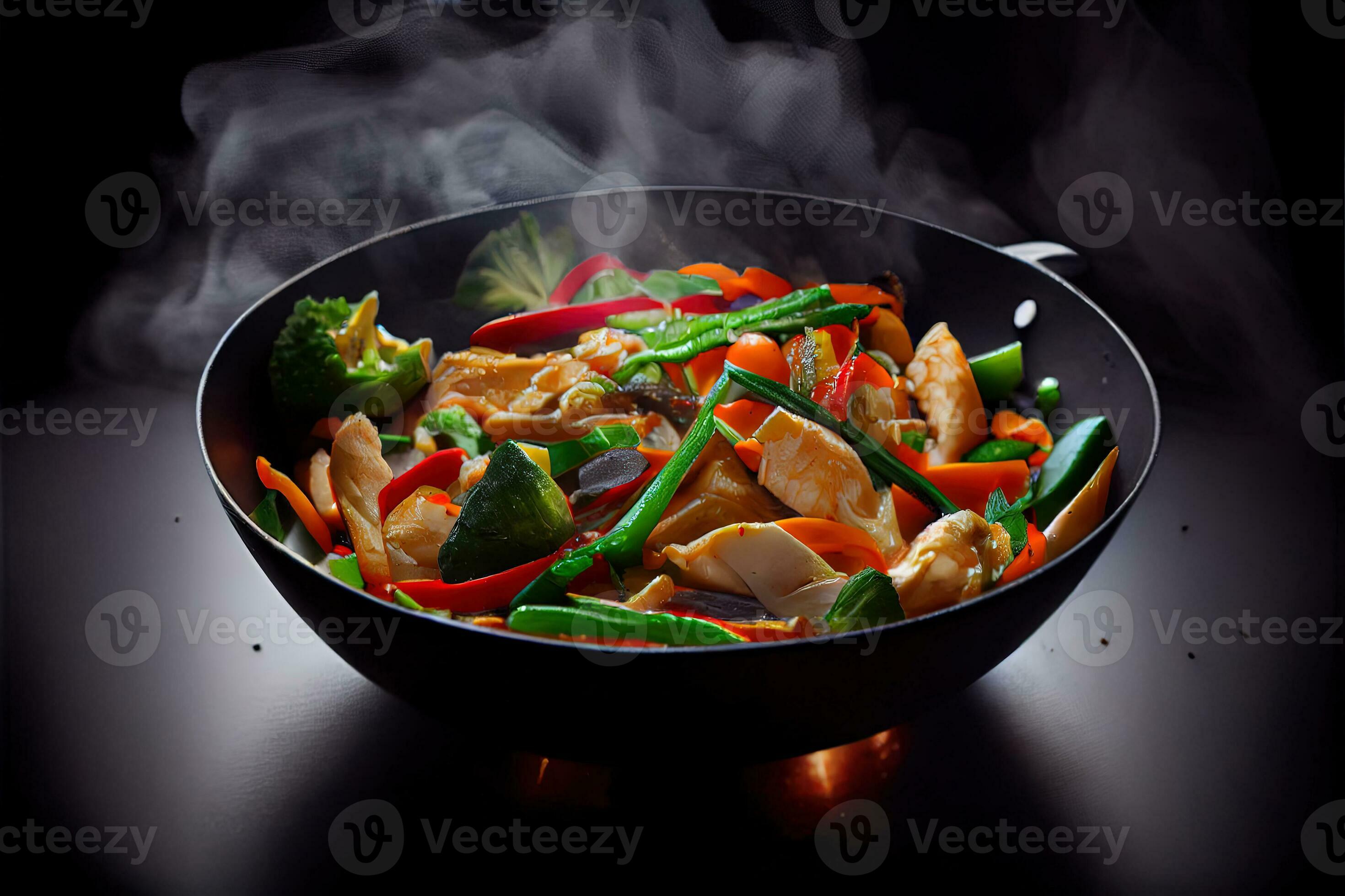 Wok stir fry vegetables with chicken fillet 23803104 Stock Photo at