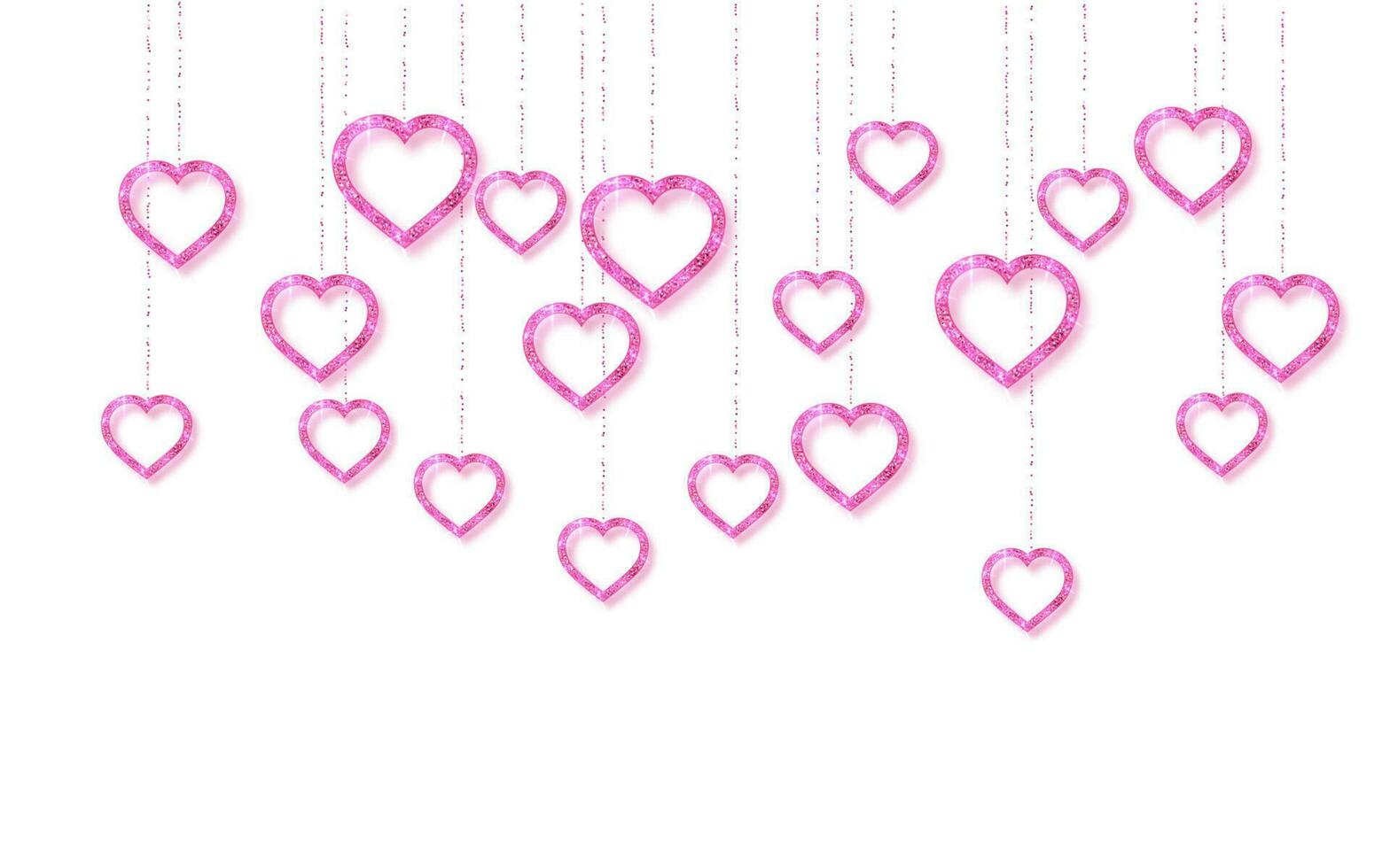 Pink hanging shiny glitter glowing heart isolated on white background. Valentines Day background. Vector illustration