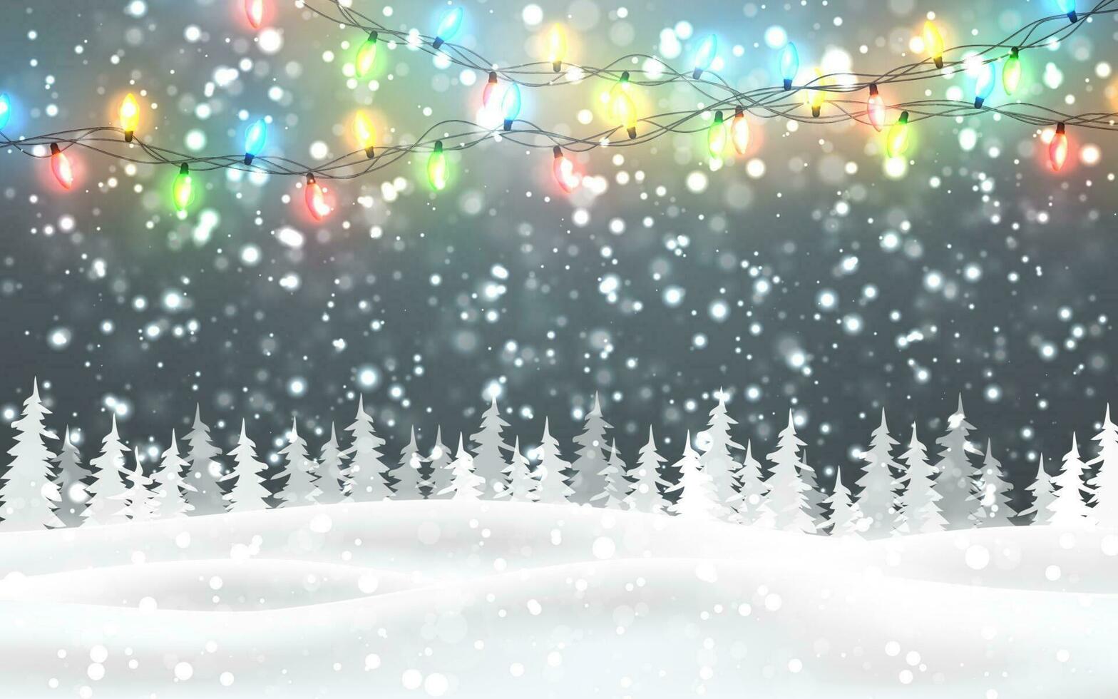 Christmas, snowy night woodland landscape with falling snow, firs, light garland, snowflakes for winter and new year holidays. Xmas winter background vector