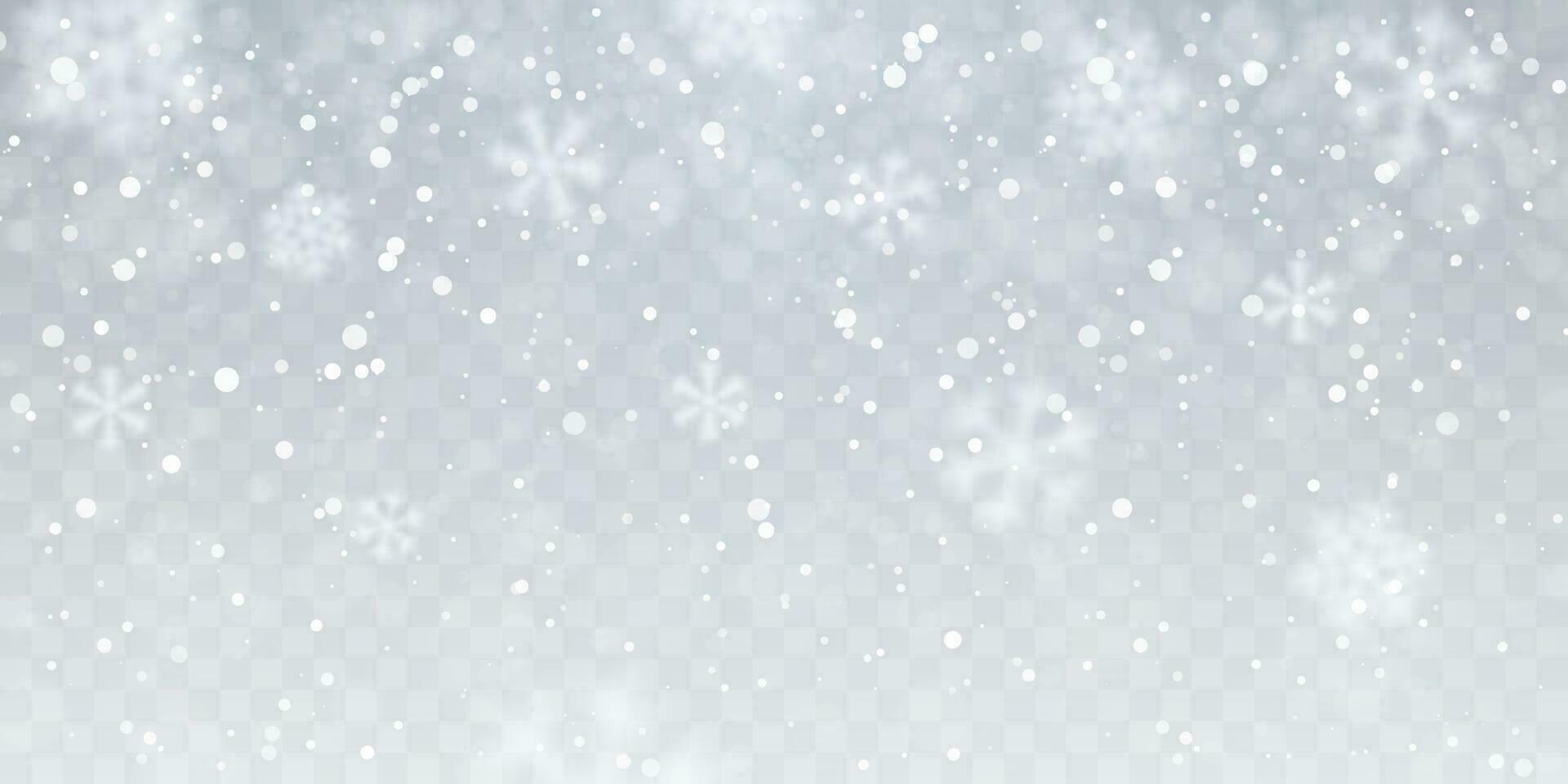 Christmas snow. Heavy snowfall. Falling snowflakes on transparent background. White snowflakes flying in the air. Vector illustration