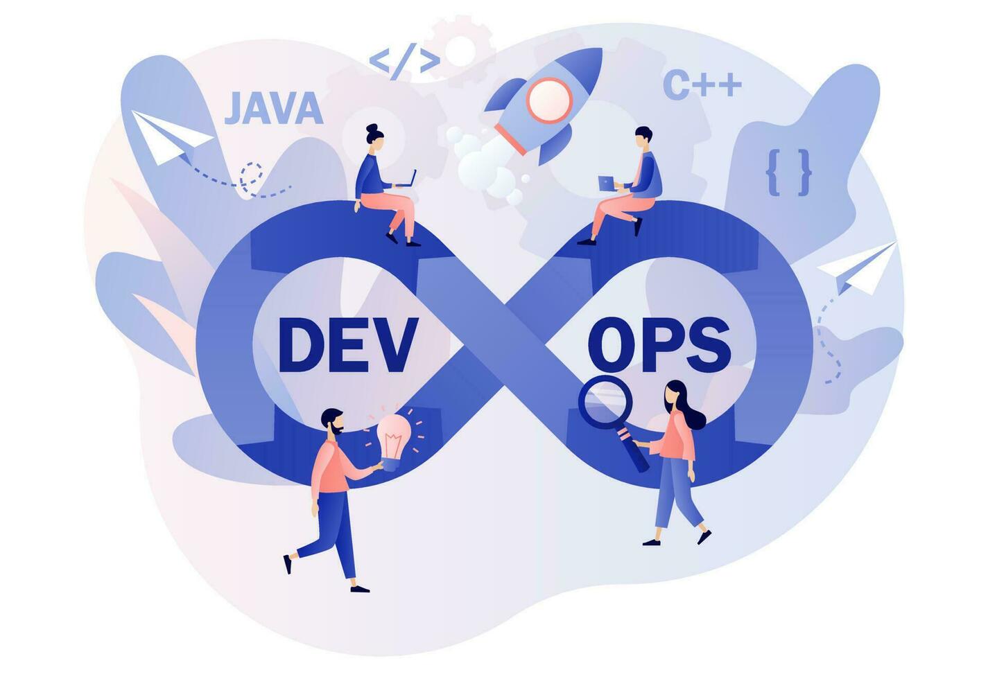 DevOps concept. Tiny programmers practice of development and software operations. Sign of infinity as symbol software engineering. Modern flat cartoon style. Vector illustration on white background