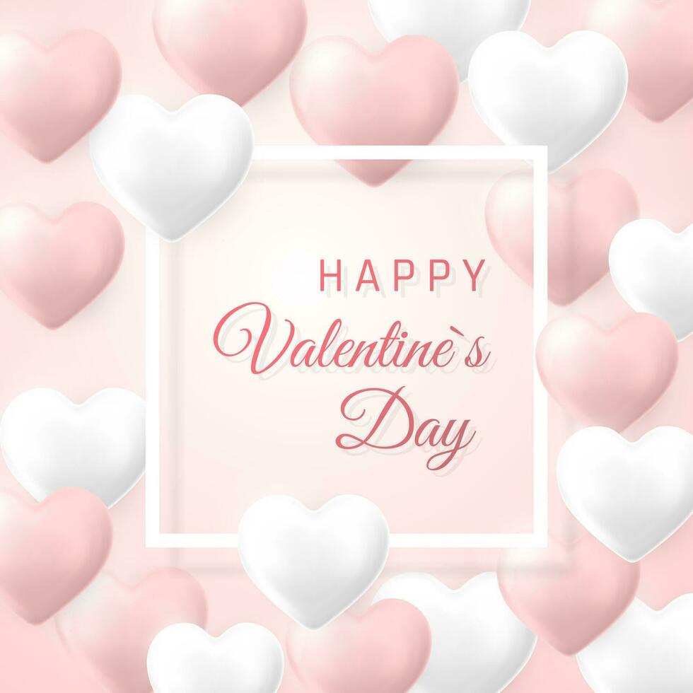 Happy Valentines Day background, flying pink and white hearts with frame. Vector illustration