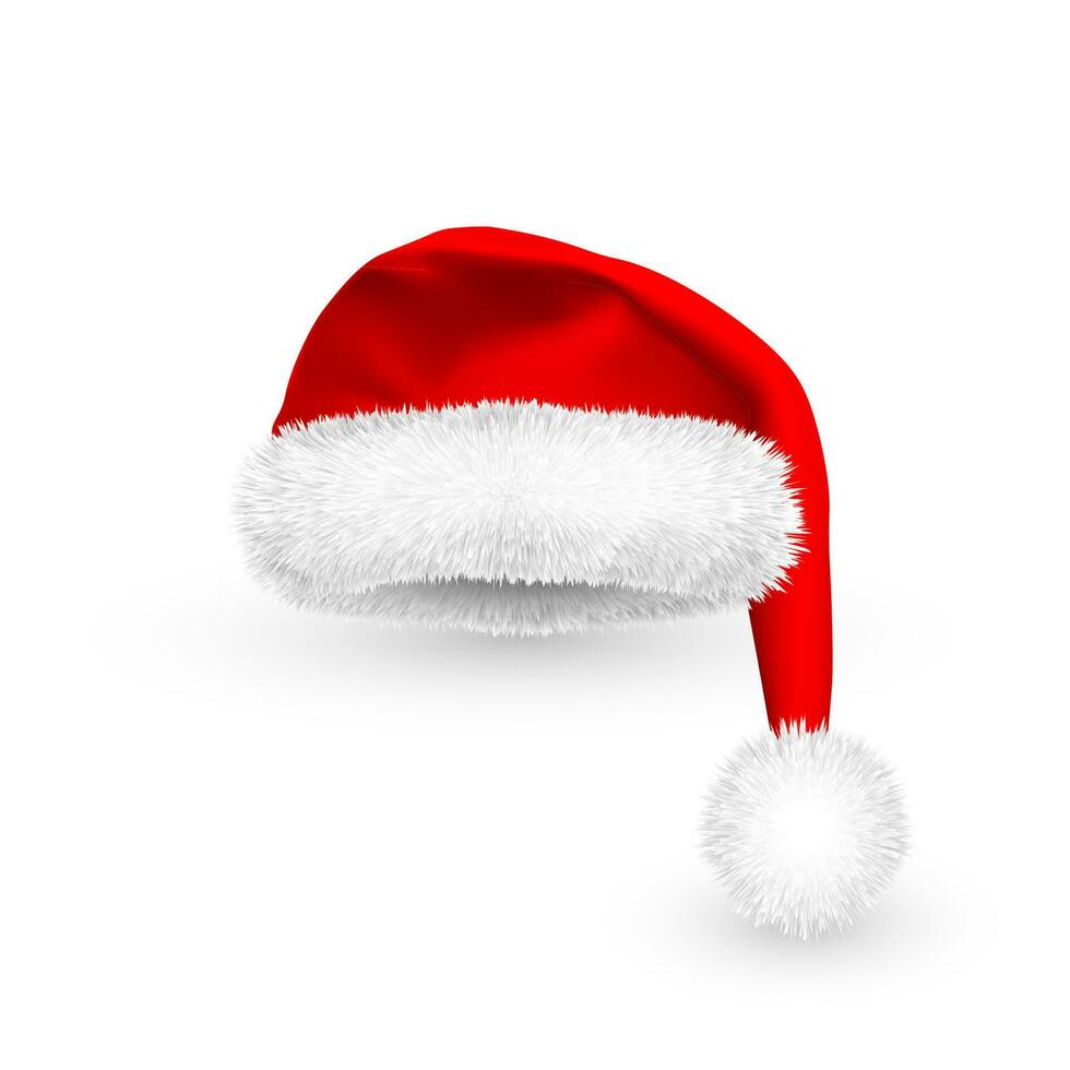 Realistic Red Santa Claus hat isolated on white background. Gradient mesh Santa Claus cap with fur. Vector illustration