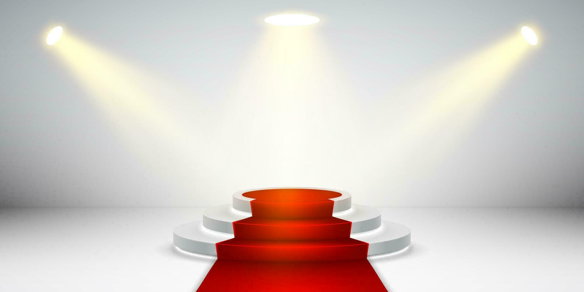 Round stage podium with light. Stage vector backdrop. Festive podium scene with red carpet for award ceremony. Vector illustration