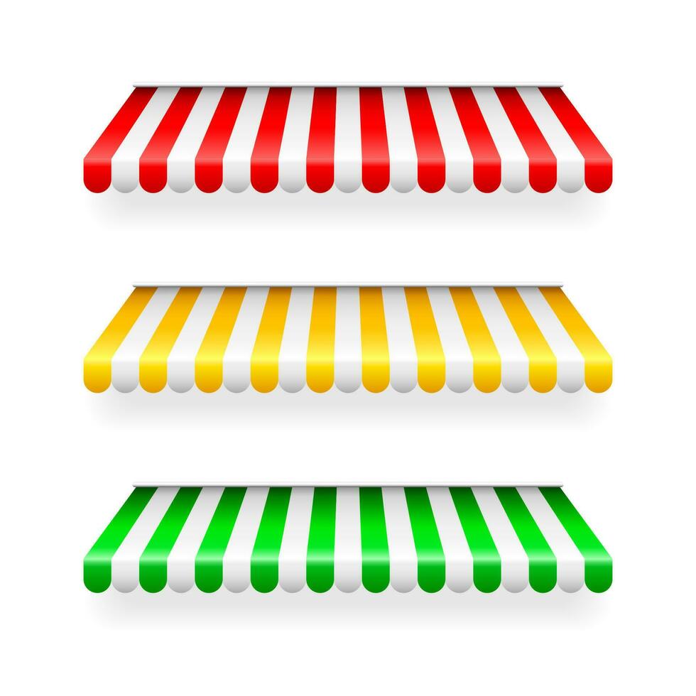 Realistic striped shop sunshade. Store awning. Shop tent isolated set. Vector illustration