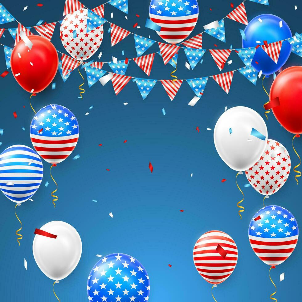 4th July independence day background with balloons of America flag. Celebration banner in national colors of USA. Vector illustration