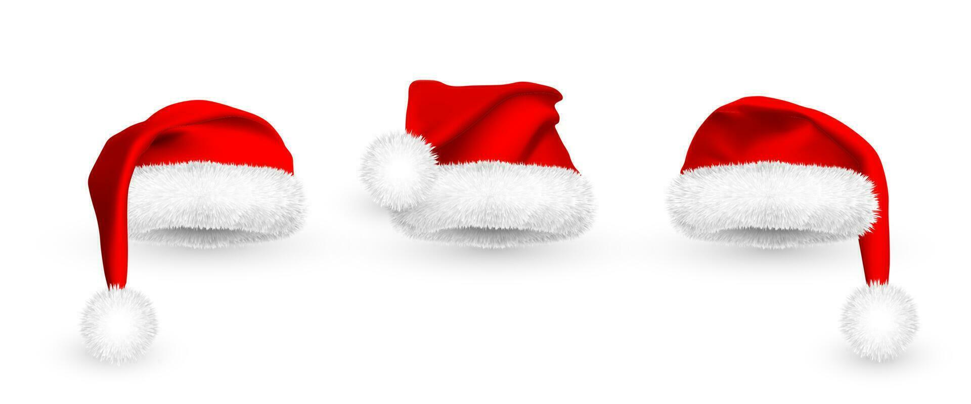 realista rojo Papa Noel claus sombrero aislado en blanco antecedentes. degradado malla Papa Noel claus gorra con pelo. vector ilustración