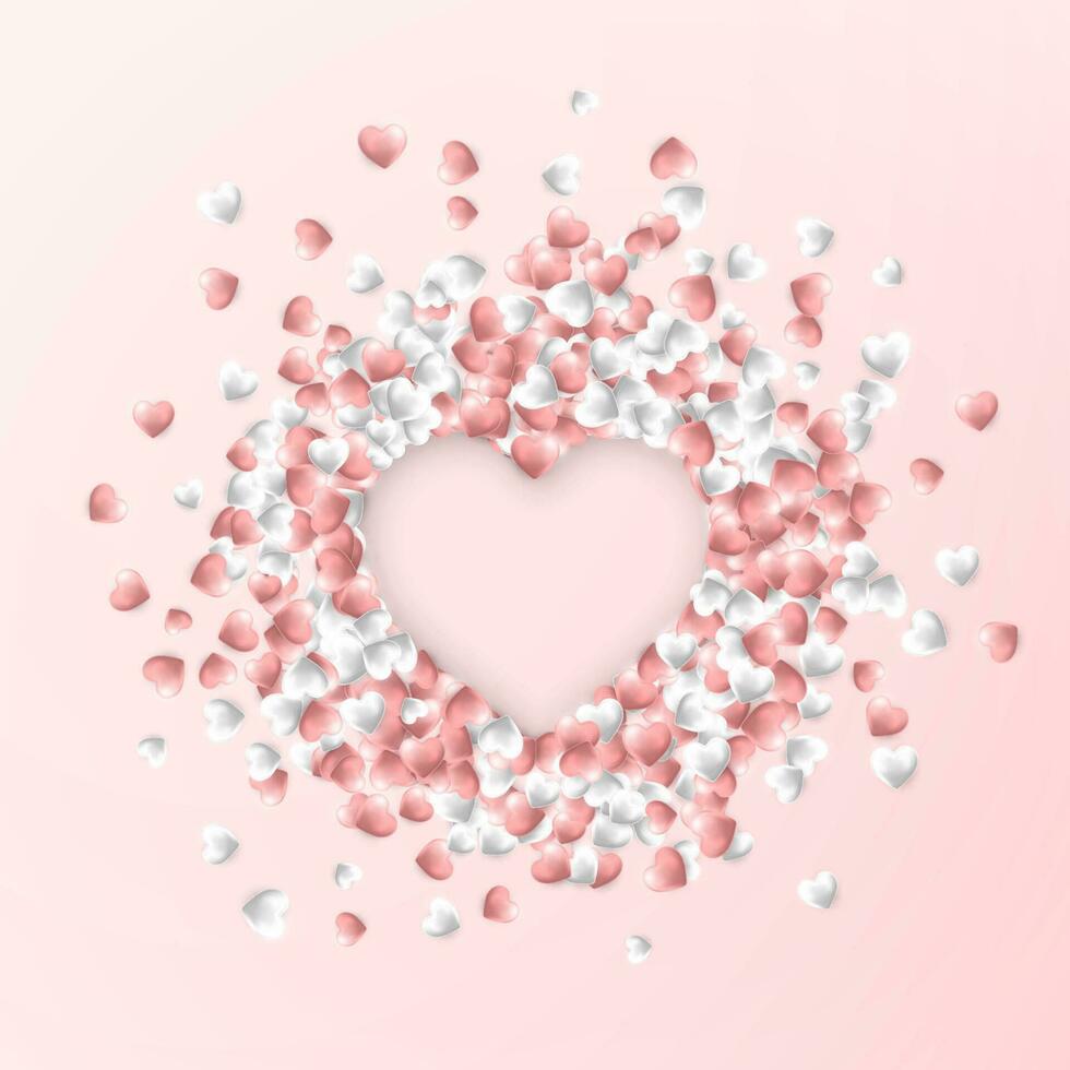 Happy Valentines Day background, pink and white hearts on pink background. Vector illustration