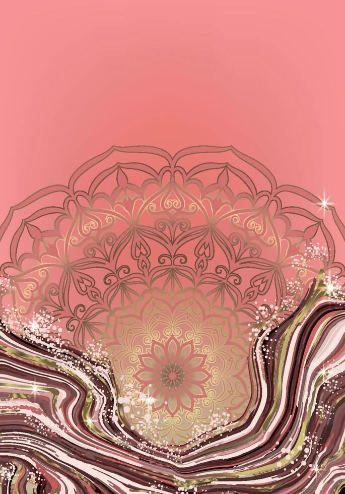 Luxury background with pink marble with golden cracks and Mandala. Design for cover, invitation, flyer, etc. vector
