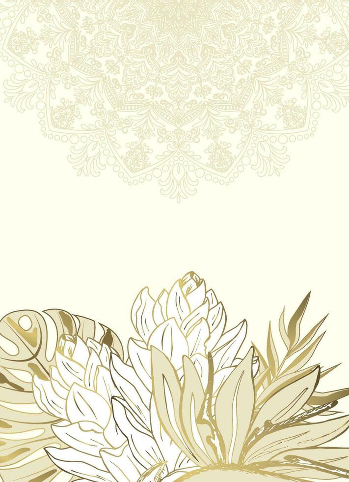 Light background for cover, invitation, flyer, etc. with mandala and tropical flowers. vector