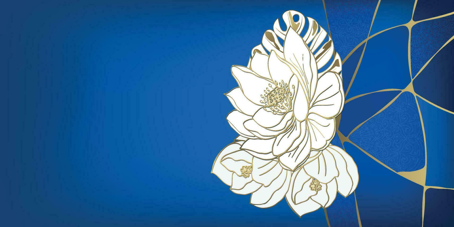 Luxury blue background with golden outline of lotus flowers and gold kintsugi. vector