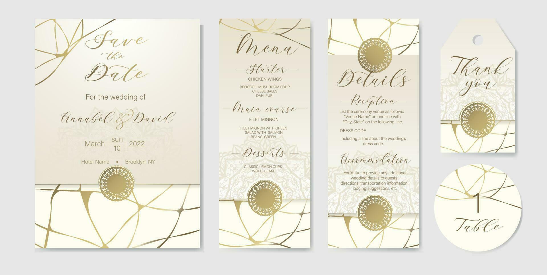 dorado modelo para Boda tarjeta antecedentes, salvar el fecha, gracias tú, menú tarjeta postal. invitación diseño plantillas con dorado kintsugi diseño. vector