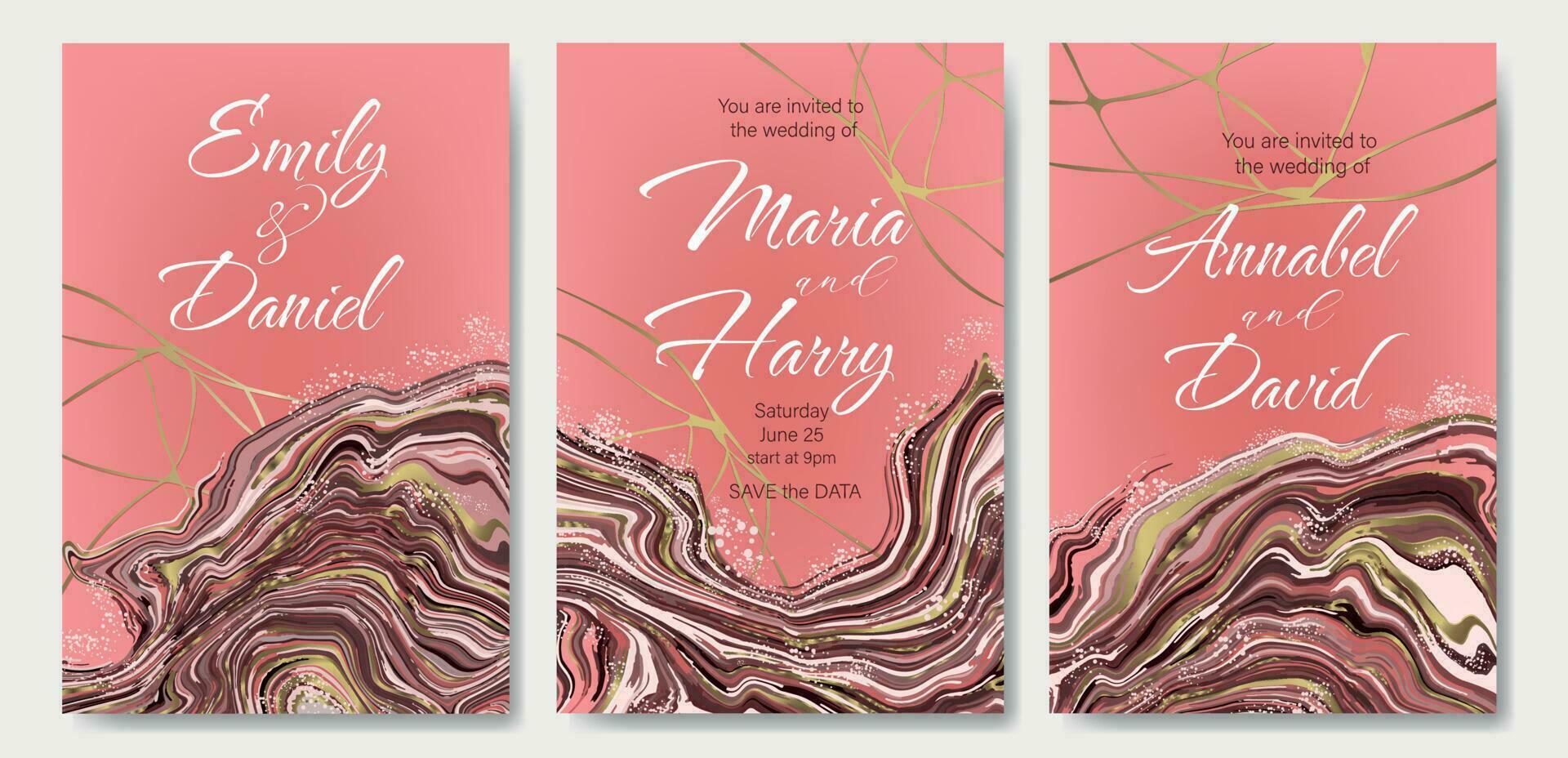 Set of wedding invitations with gold kintsugi design and pink marble with gold veins. vector
