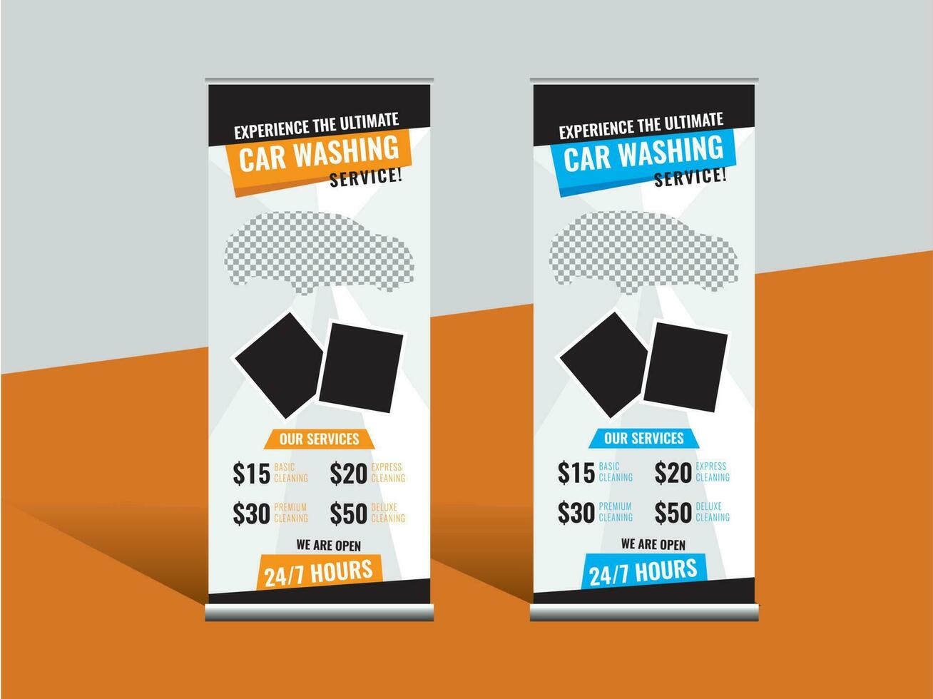 Car Wash Rollup Banner Template, pull up, advertisement, display banner for automobile, advertisement standee. vector