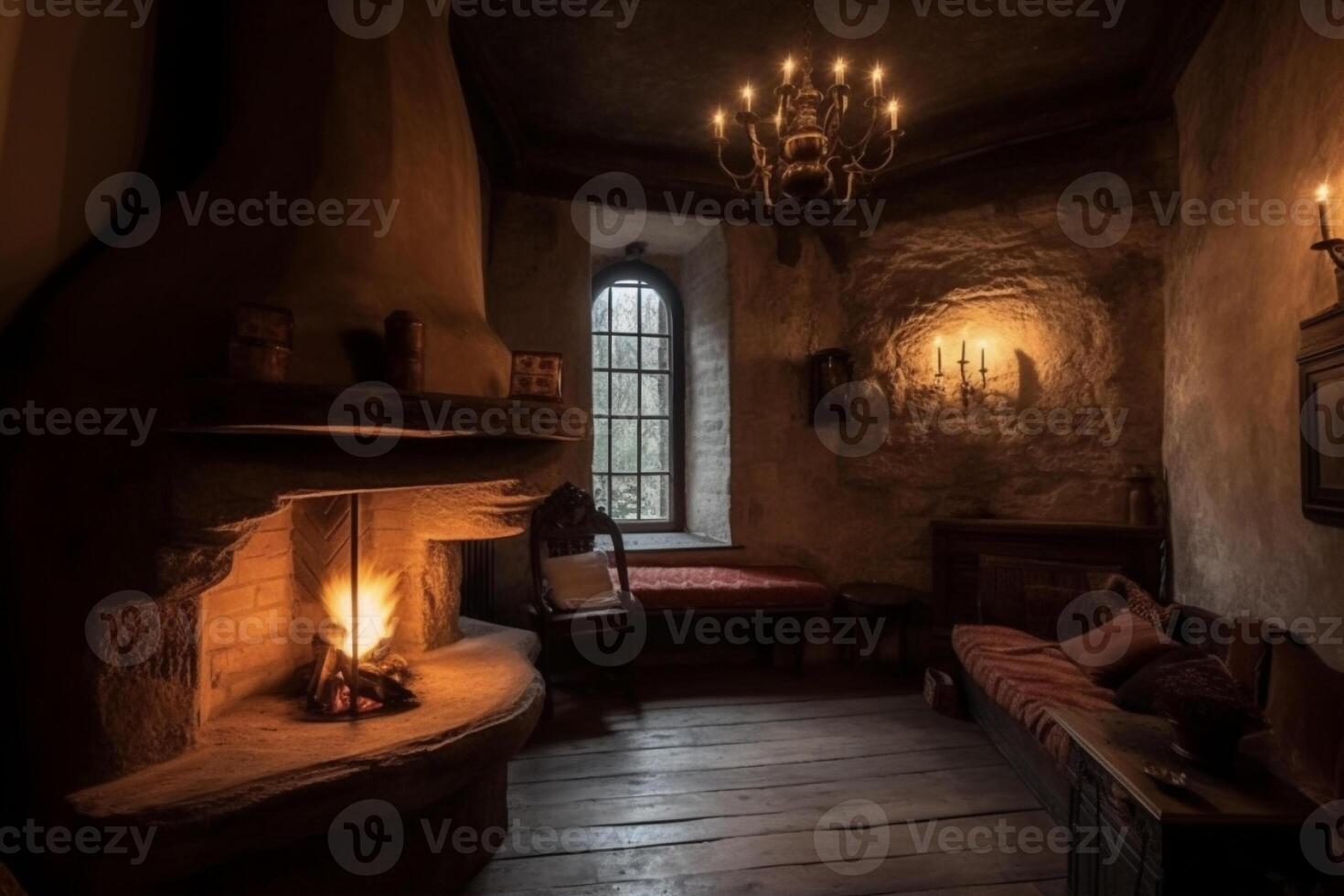 Cozy fireplace in a room in a medieval gothic castle. photo