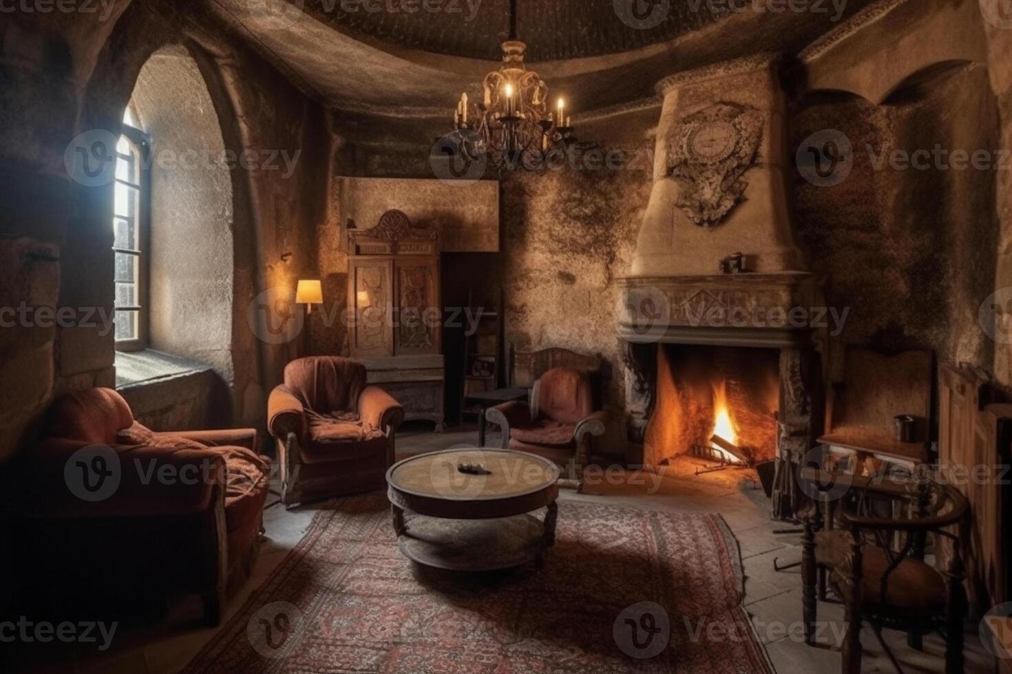 Cozy fireplace in a room in a medieval gothic castle. photo