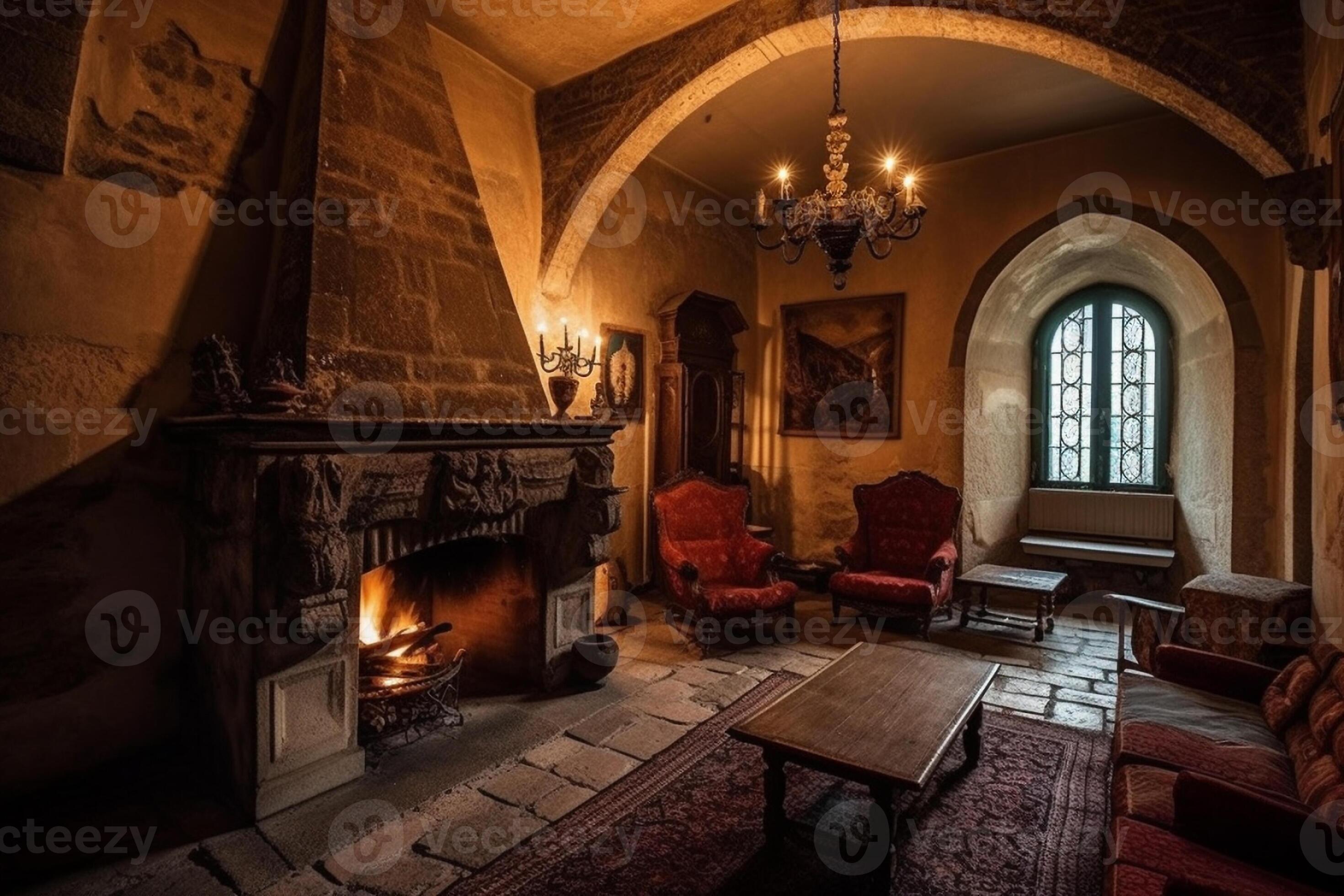 Cozy fireplace in a room in a medieval gothic castle. 23803358 Stock
