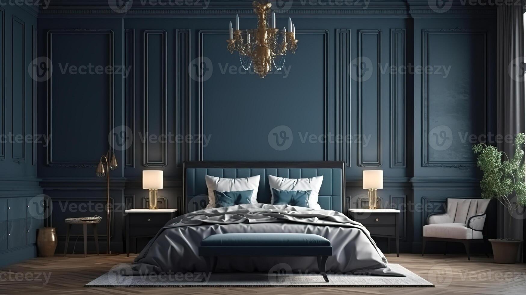 Poster frame mock up in modern bedroom interior background. photo