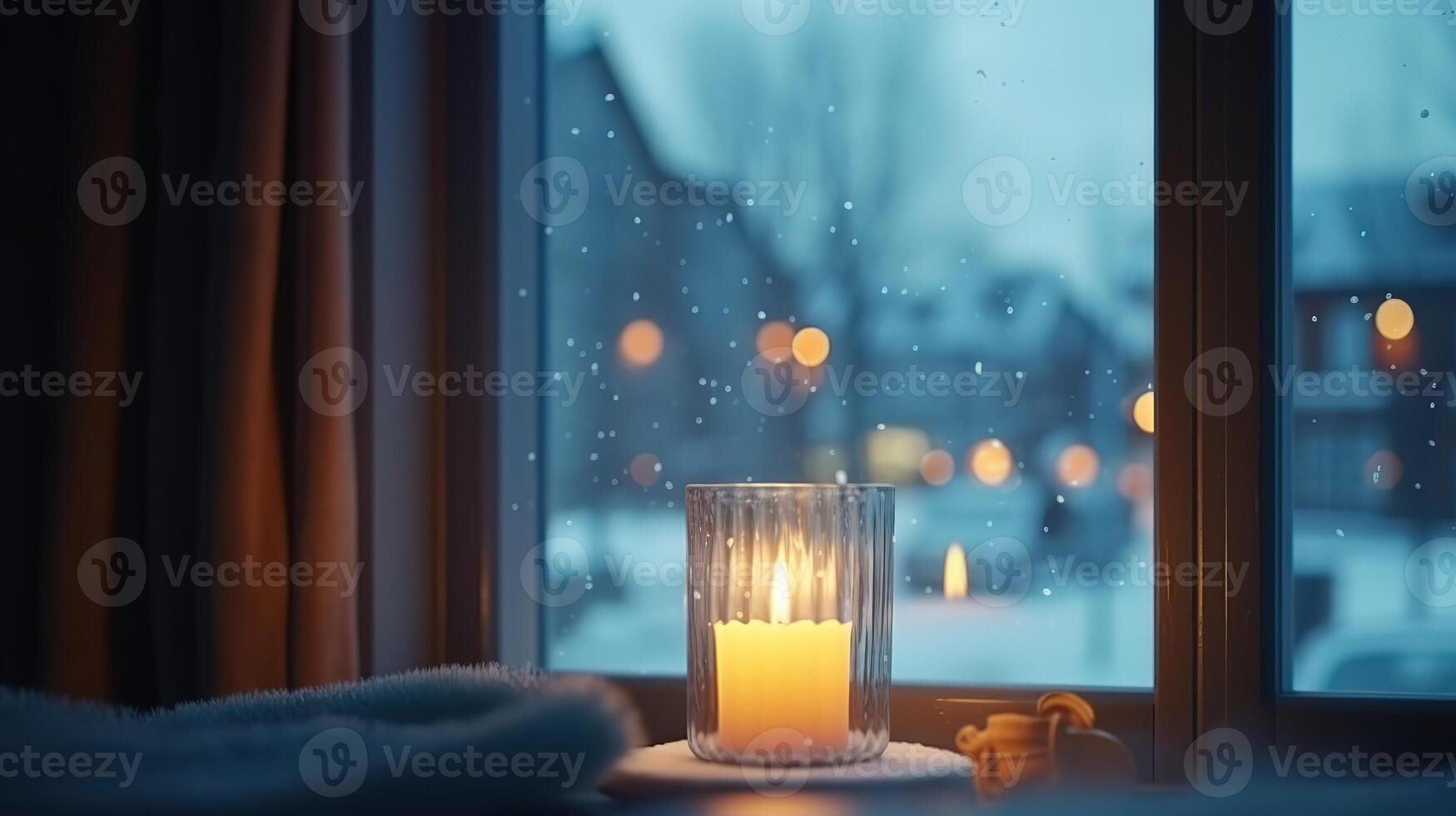 Home mockup, frame close up standing on windowsill at winter evening time. photo
