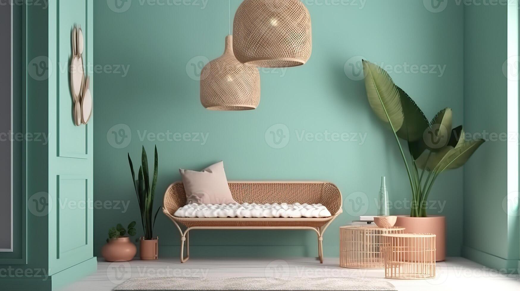 Mockup frame in coastal boho style interior, 3d render, Bright color. photo