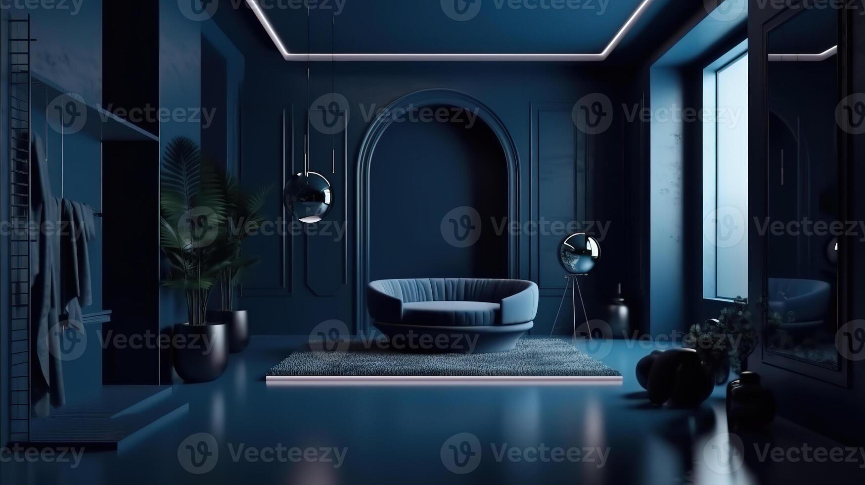 Dark blue home interior background, modern style, 3d render, Bright color. photo