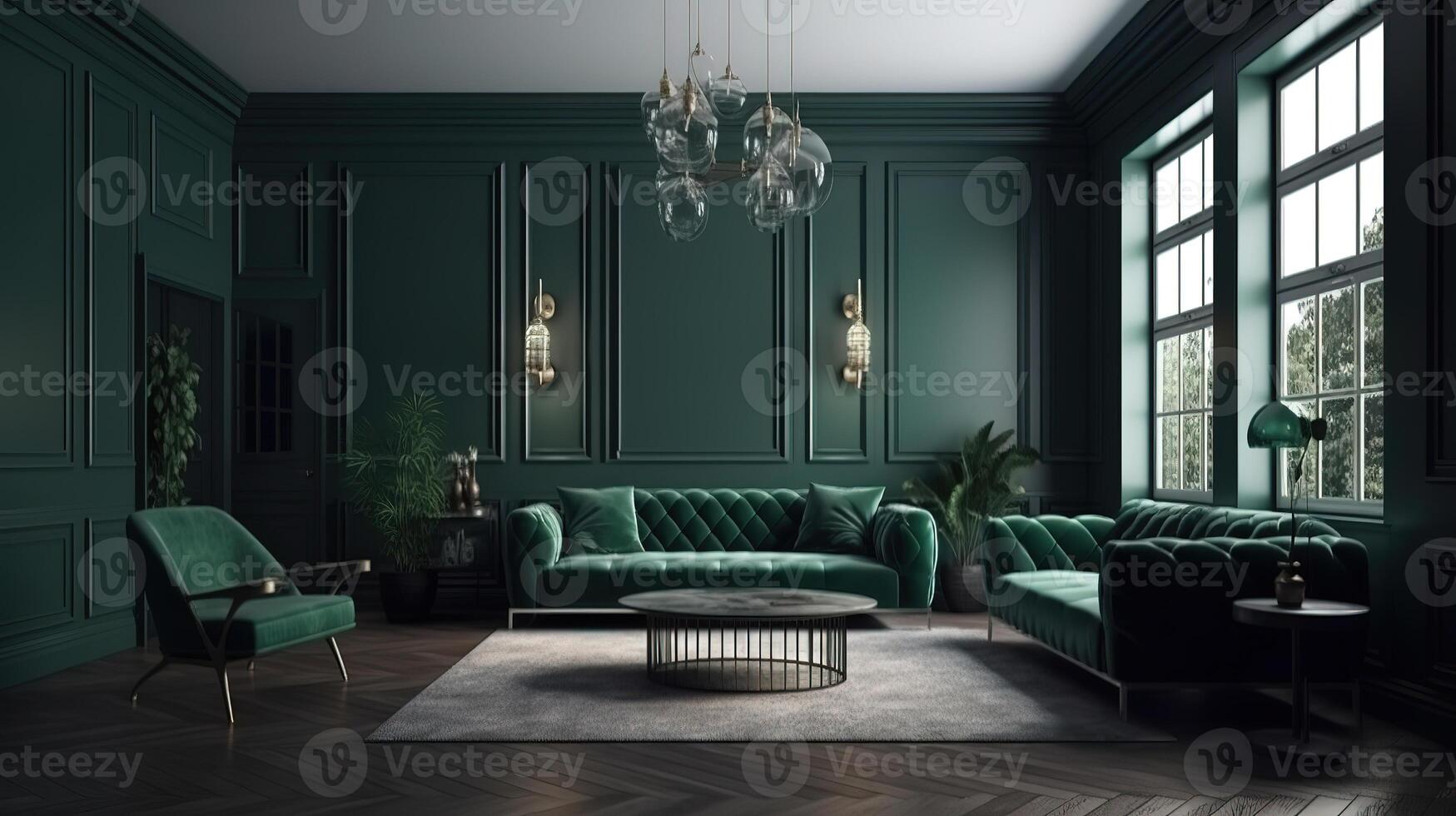 Livingroom mockup with a dark green sofa and emerald color walls. photo