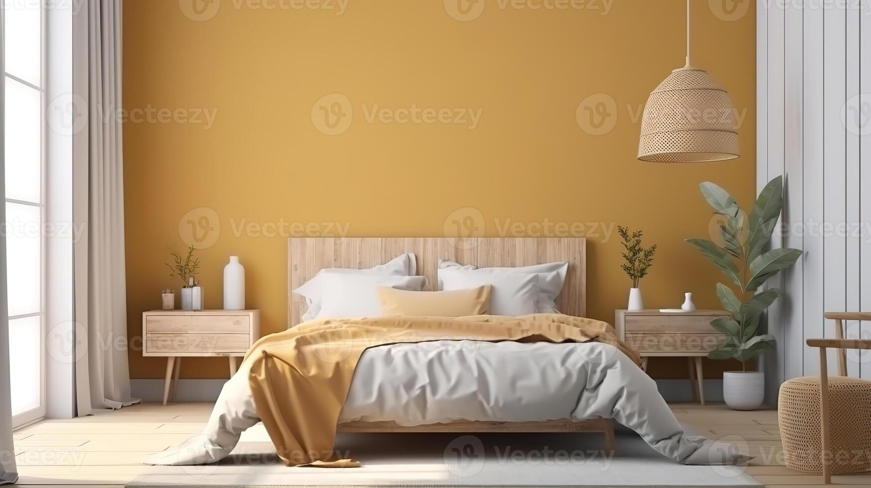 Horizontal poster frame mock up on cyan wall in bedroom illustration. photo