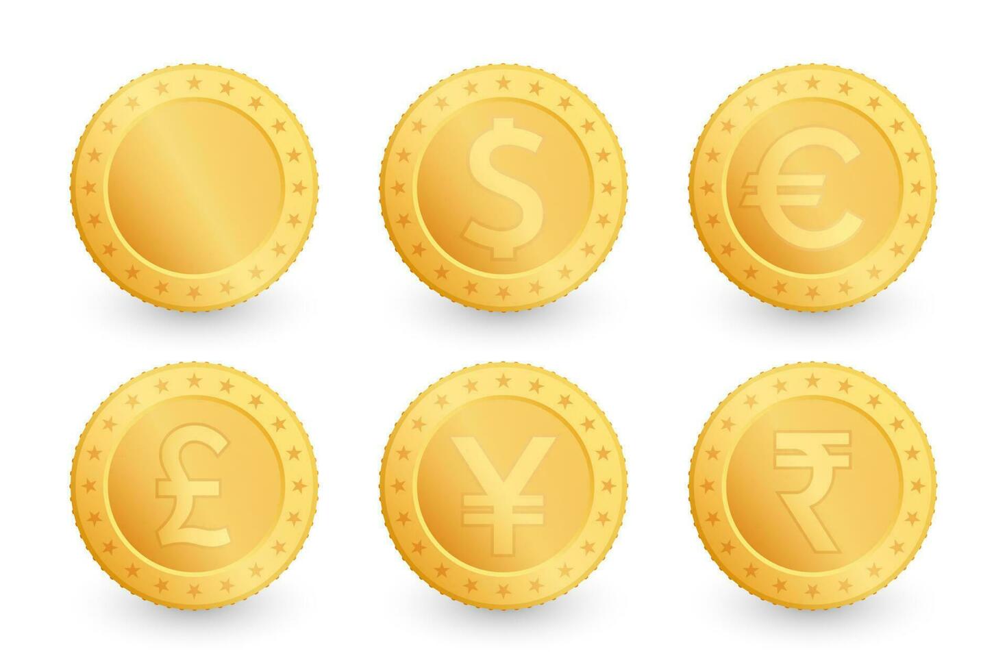 conjunto de oro monedas dólar, euro, yen, libra, rupia libra esterlina. oro moneda aislado en blanco antecedentes. vector ilustración