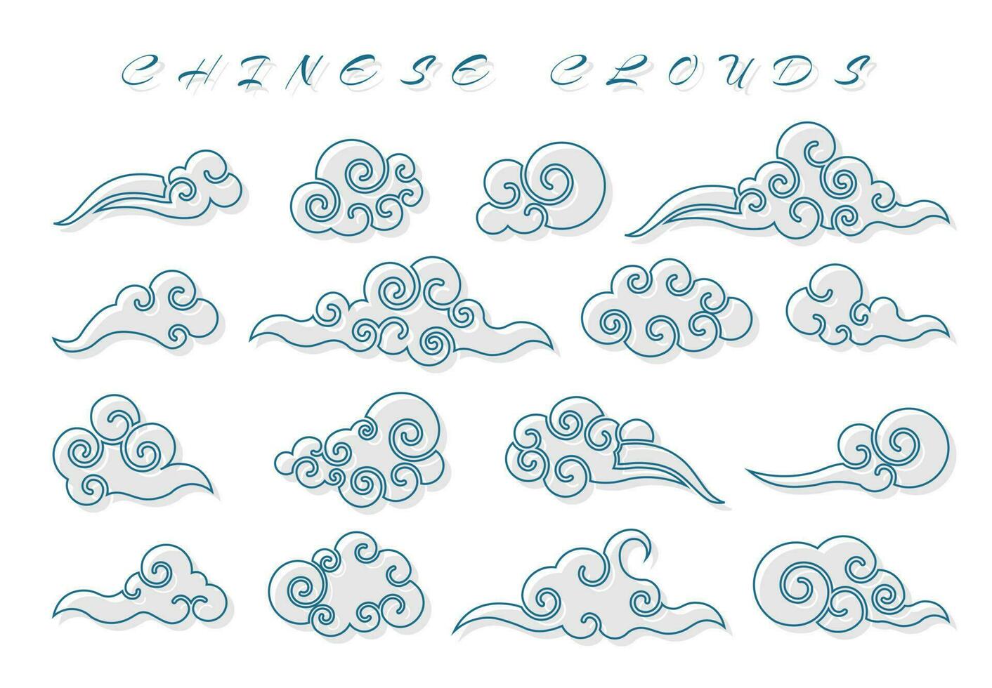 nube en chino estilo. resumen azul nublado conjunto aislado en blanco antecedentes. vector ilustración