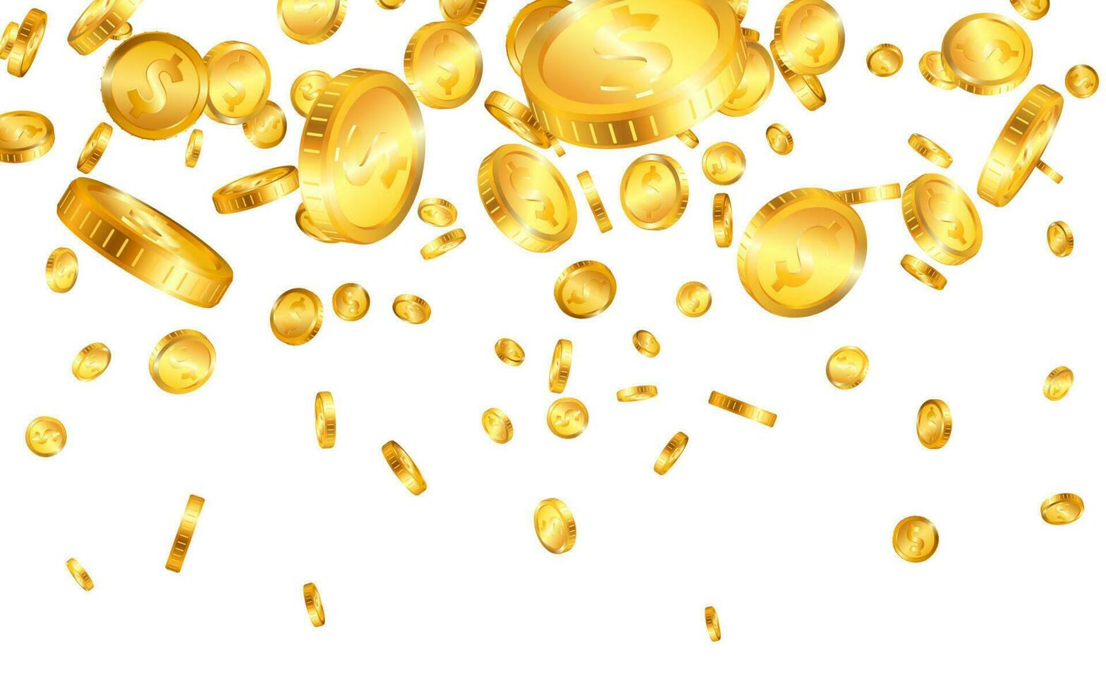 Falling from the top a lot of dollar gold coins on white background. Vector illustration