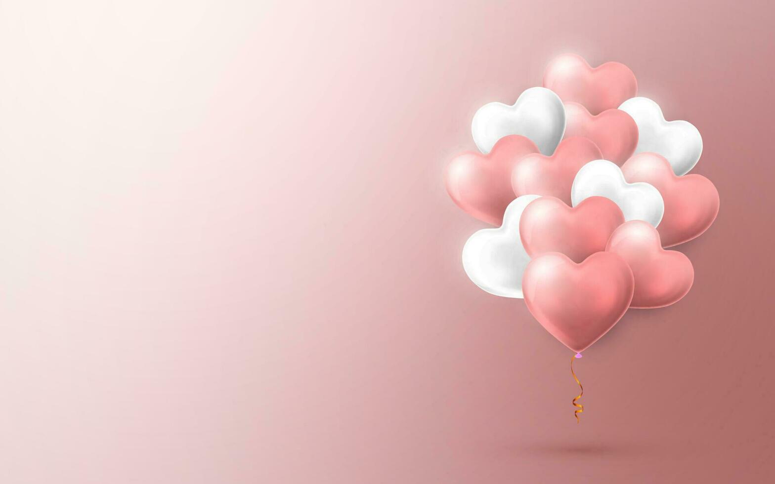 Happy Valentines Day background, flying bunch of pink and white helium balloon in form of heart. Vector illustration