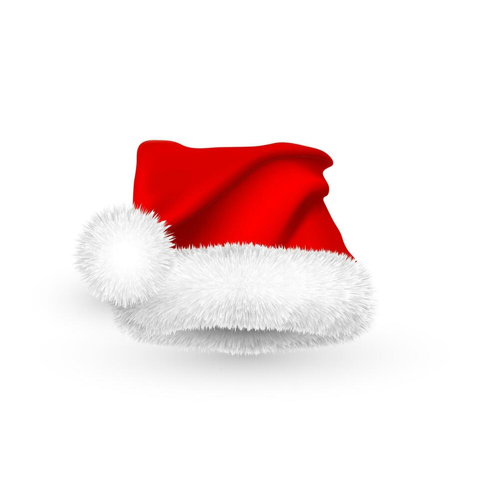 Realistic Red Santa Claus hat isolated on white background. Gradient mesh Santa Claus cap with fur. Vector illustration