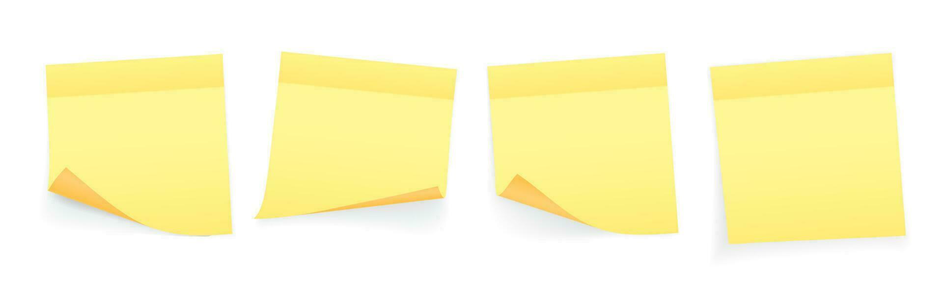 Collection of yellow colored sheets of note papers with curled corner and shadow, ready for your message. Realistic. Isolated on white background. Set. Vector illustration