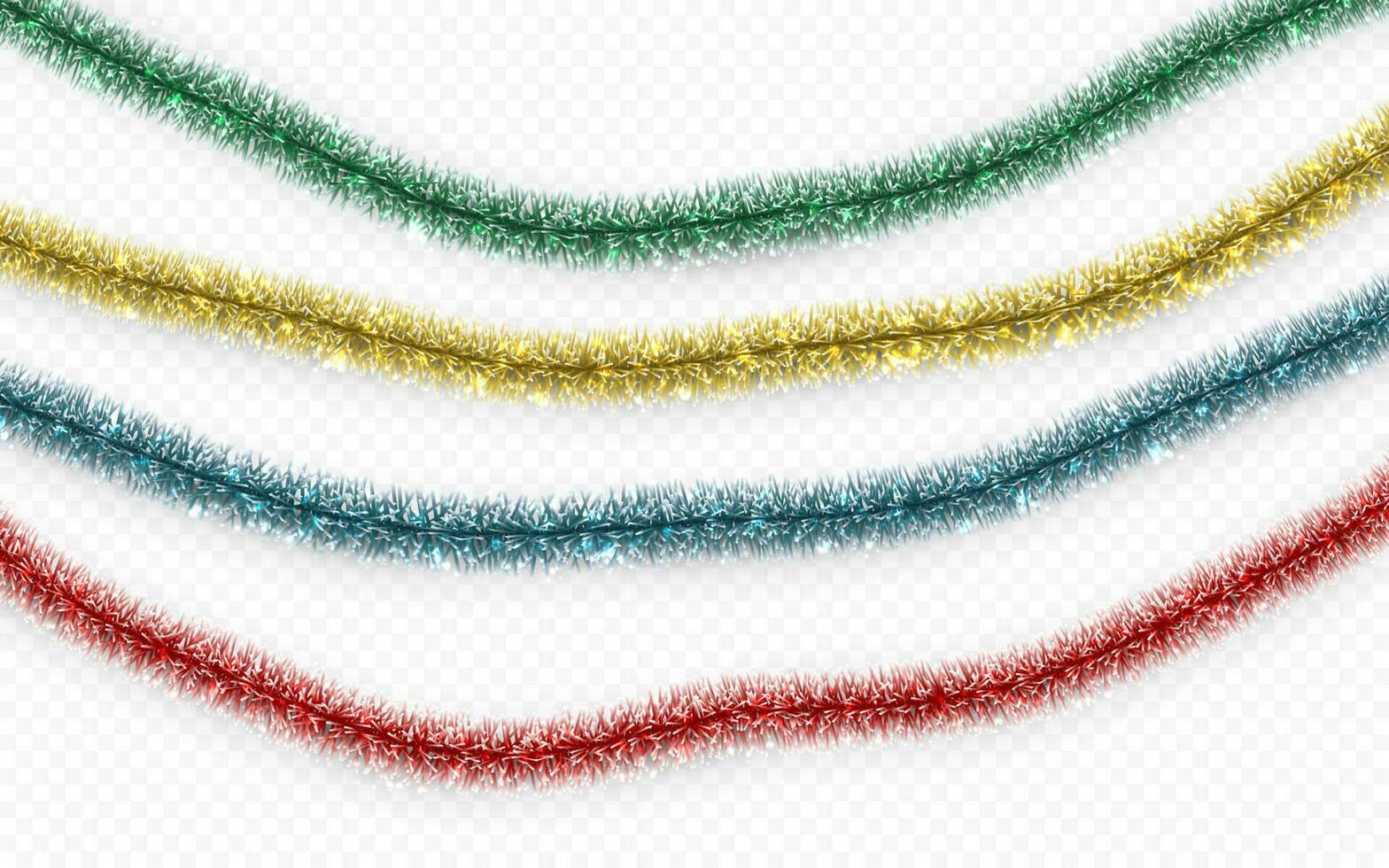 Christmas or New Year traditional decorations. Hanging glitter Xmas tinsel garland. Decor element. Vector illustration