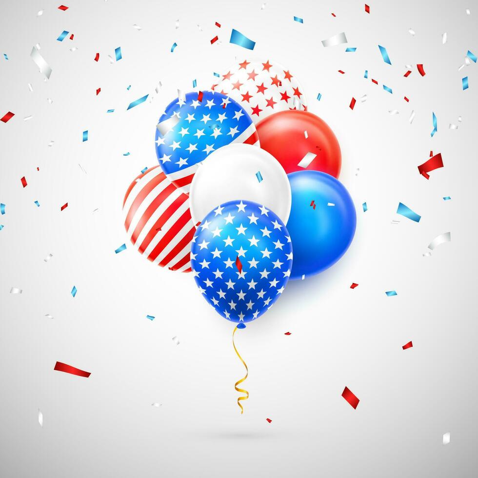 Helium balloons with American flag isolate on white background. Shine USA helium balloon festival decoration. Vector illustration