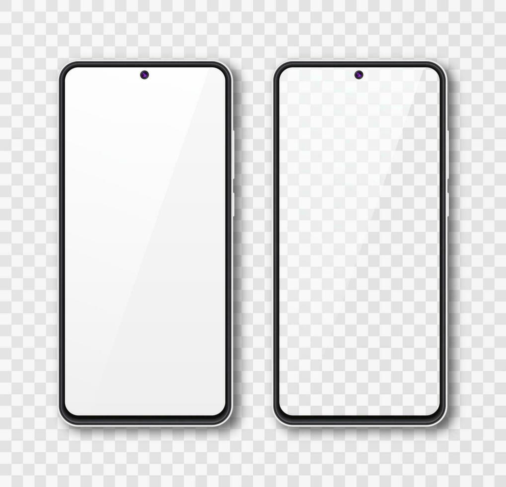 Realistic smartphone mock up set. Mobile phone display isolated on white gray background. 3D template illustration. Vector illustration