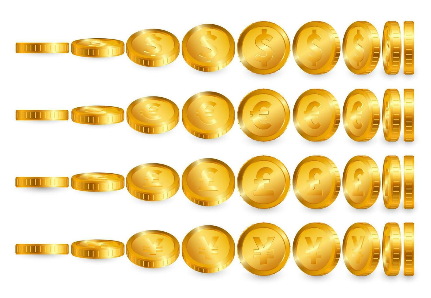 Dollar Euro Pound Yen Gold coins set isolated on white background. Vector illustration