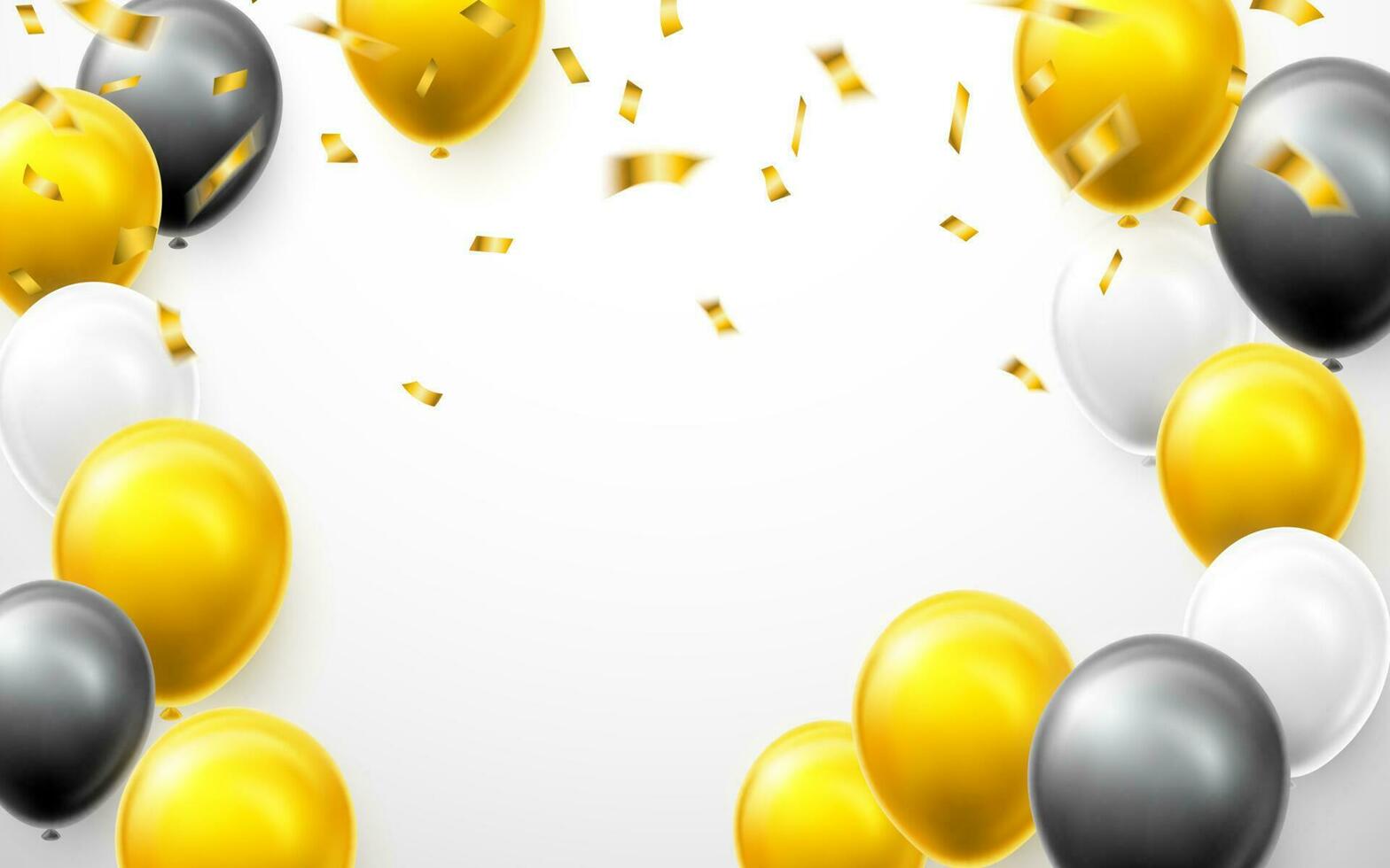 Celebration background with white, gold, black balloons and gold confetti. Vector illustration