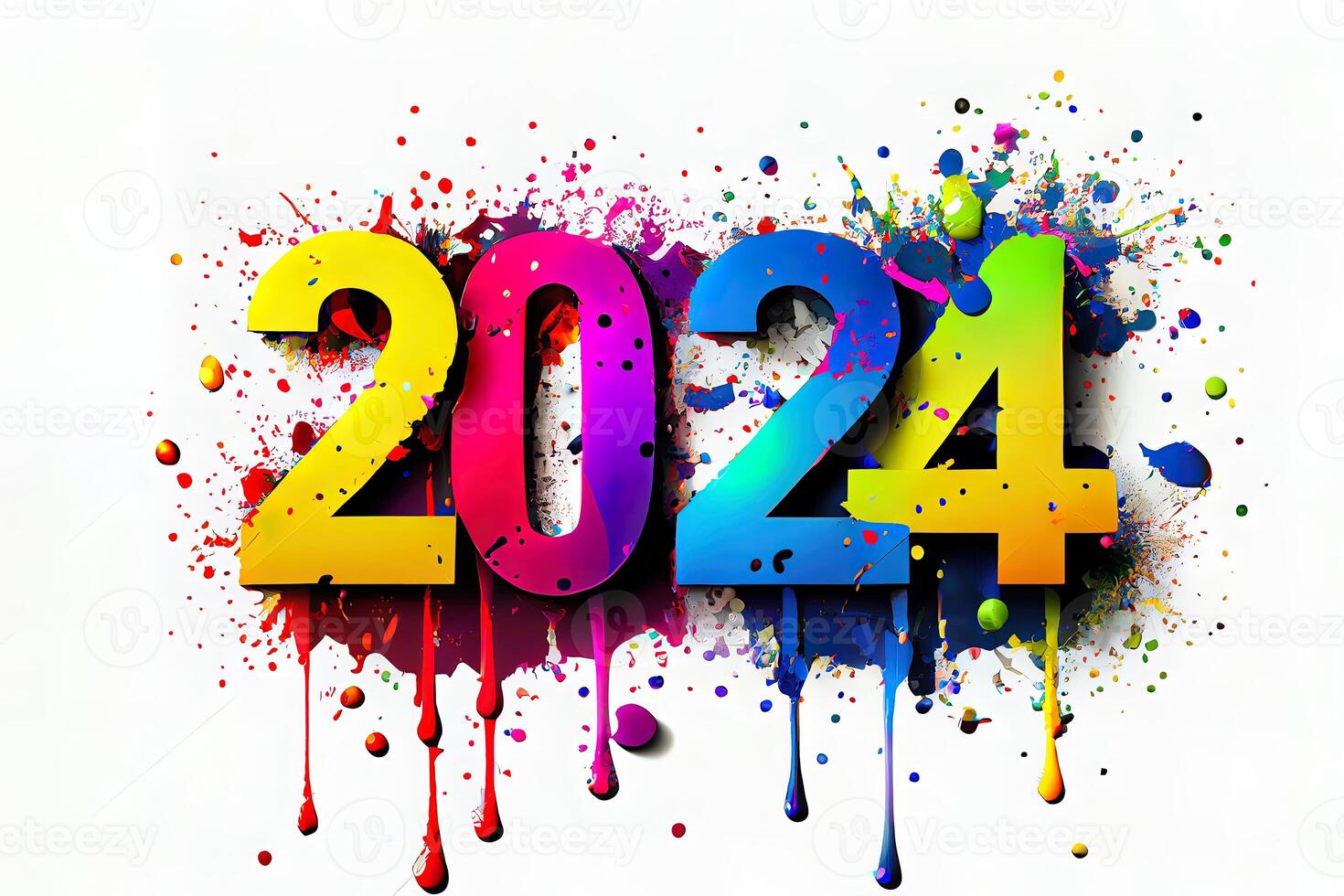 Exceptional 2024 Happy New Year celebration banner with colorful 3D numbers made of colorful paint splashes. photo