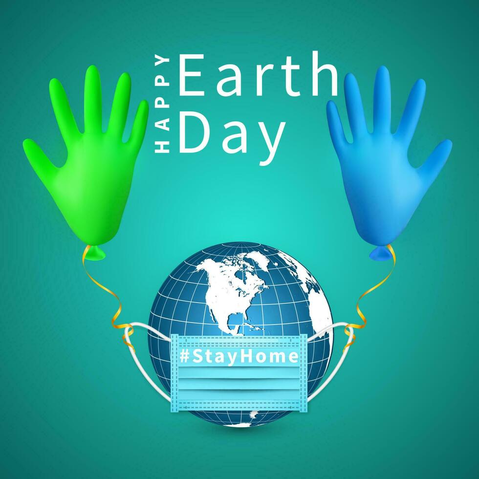 Happy Earth Day. Earth globe in medical face mask and shine helium balloon made from medical latex glove. Vector illustration