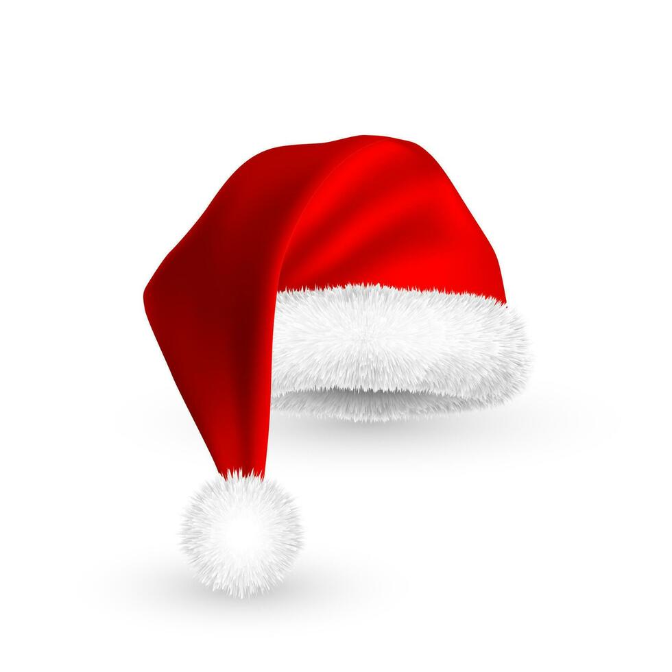 Realistic Red Santa Claus hat isolated on white background. Gradient mesh Santa Claus cap with fur. Vector illustration