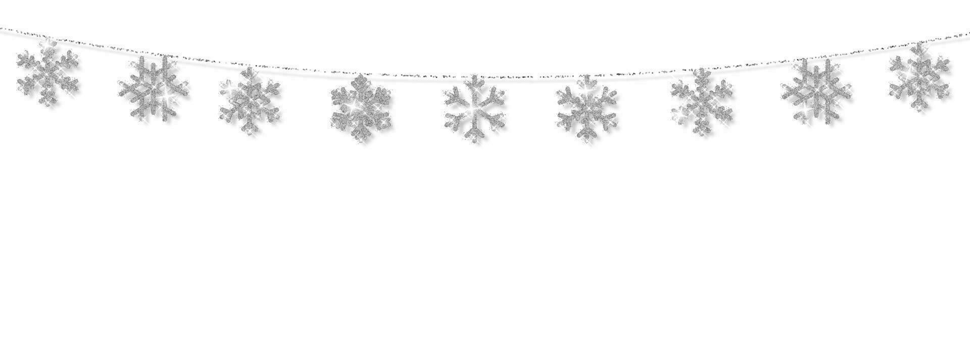 Christmas or New Year silver snowflake decoration garland on white background. Hanging glitter snowflake. Vector illustration