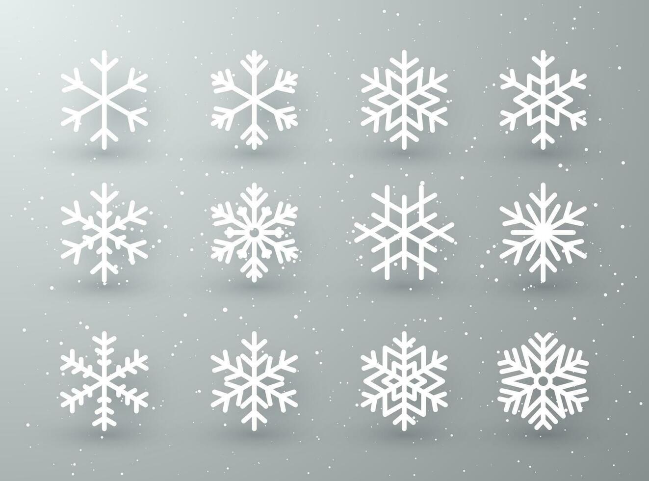 Snowflake winter set of white isolated icon silhouette on white gray background. Vector illustration