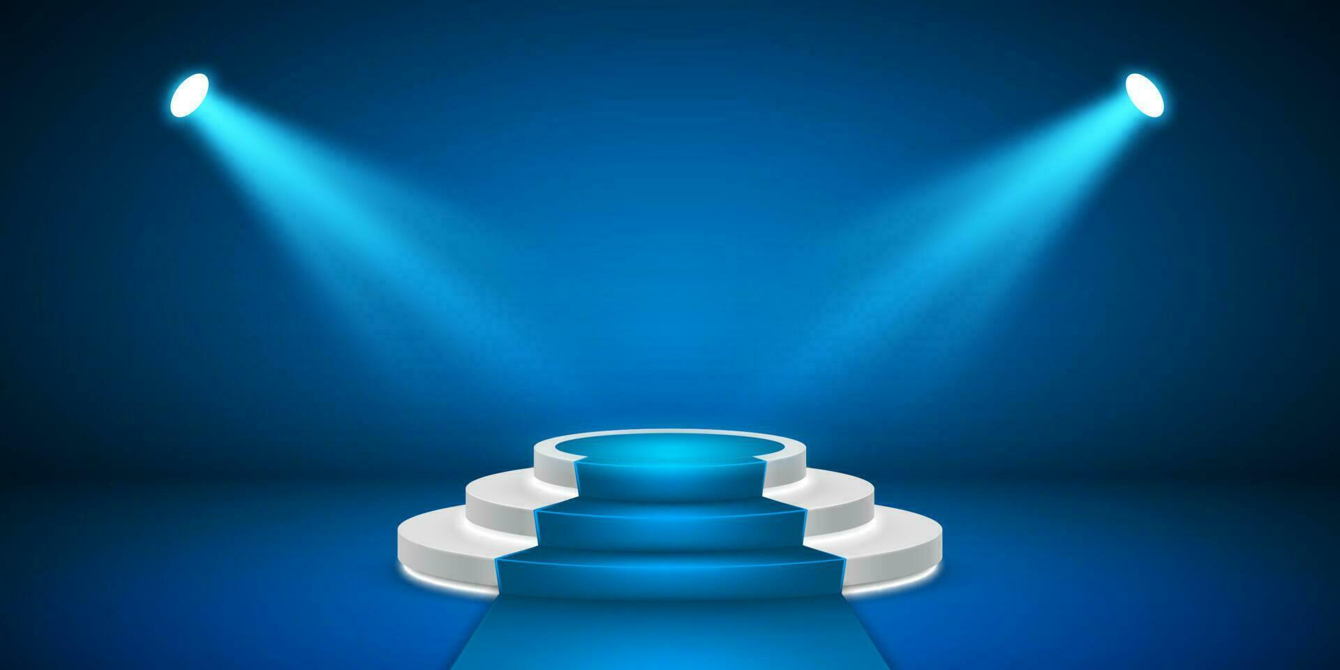 Round stage podium with light. Stage vector backdrop. Festive blue podium scene with carpet for award ceremony. Vector illustration