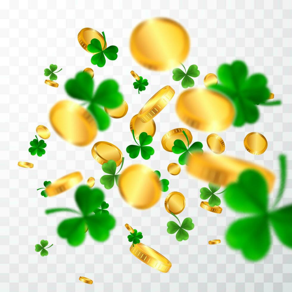 Saint Patrick's Day Border with Green Four and Tree Leaf Clovers and gold coins. Irish Lucky and success symbols. Vector illustration