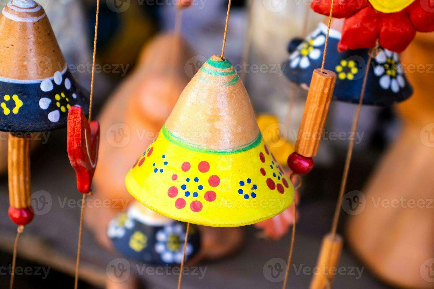 Beautiful handmade wind chimes made of clay at the small town of Raquira also known as The City of Pots in Colombia photo