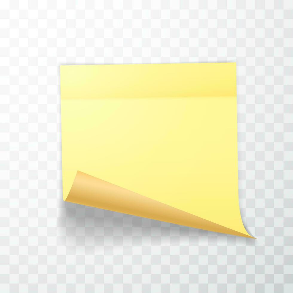 Yellow colored sheet of note papers with curled corner and shadow, ready for your message. Realistic. Vector illustration